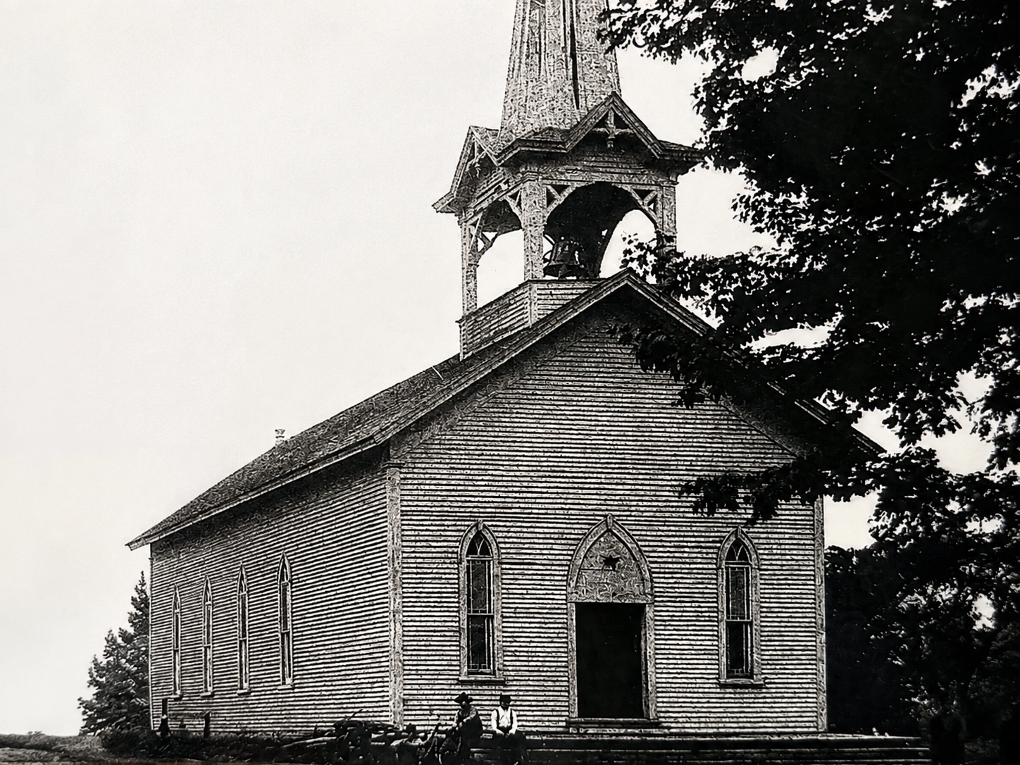 An early photograph of Shelby Congregational Church with its bell tower